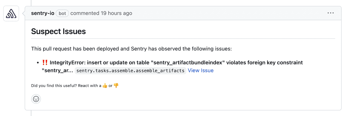 Sentry comment on suspect pull request in GitHub